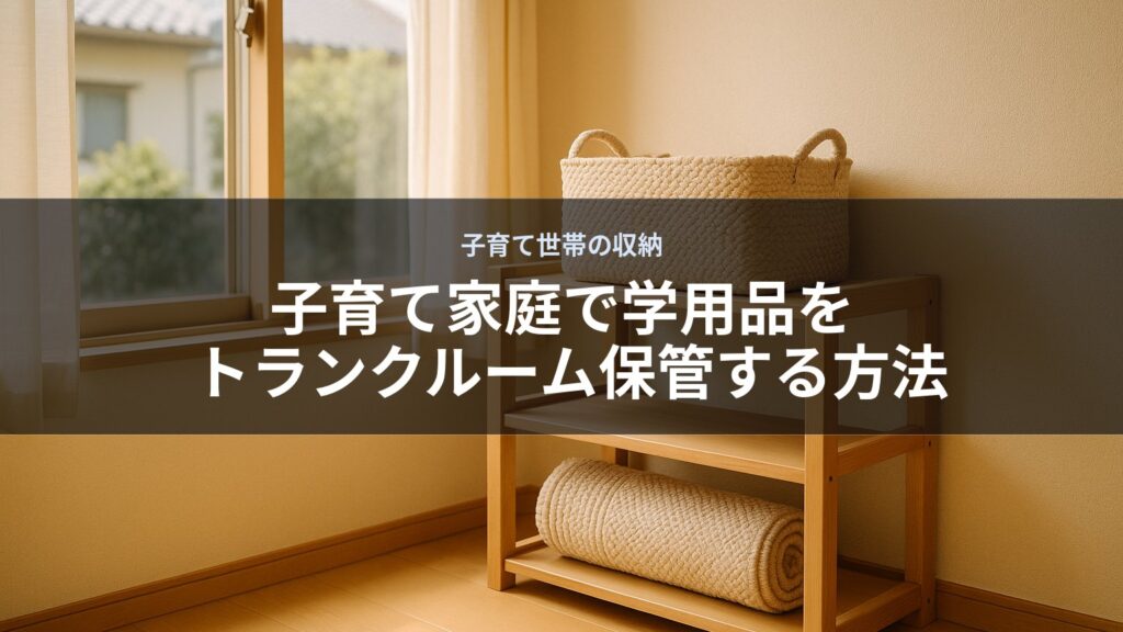 木製棚にバスケットが置かれたシンプルな室内