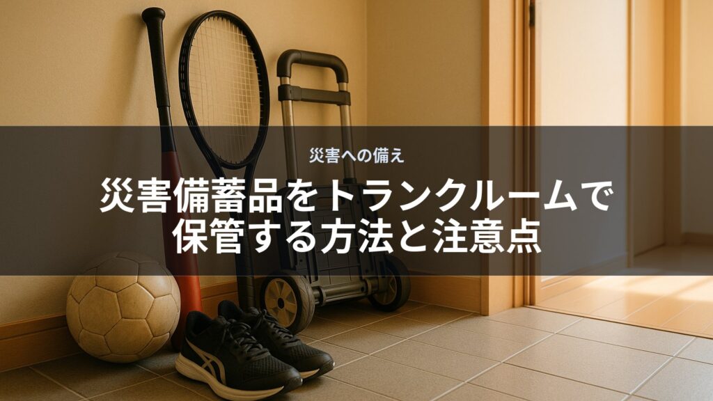 玄関にラケットやボールと防災バッグが置かれている