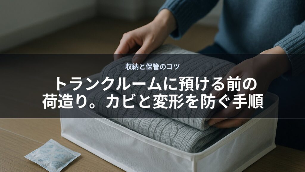 手前に乾燥剤とたたんだ衣類を箱に入れる人の手
